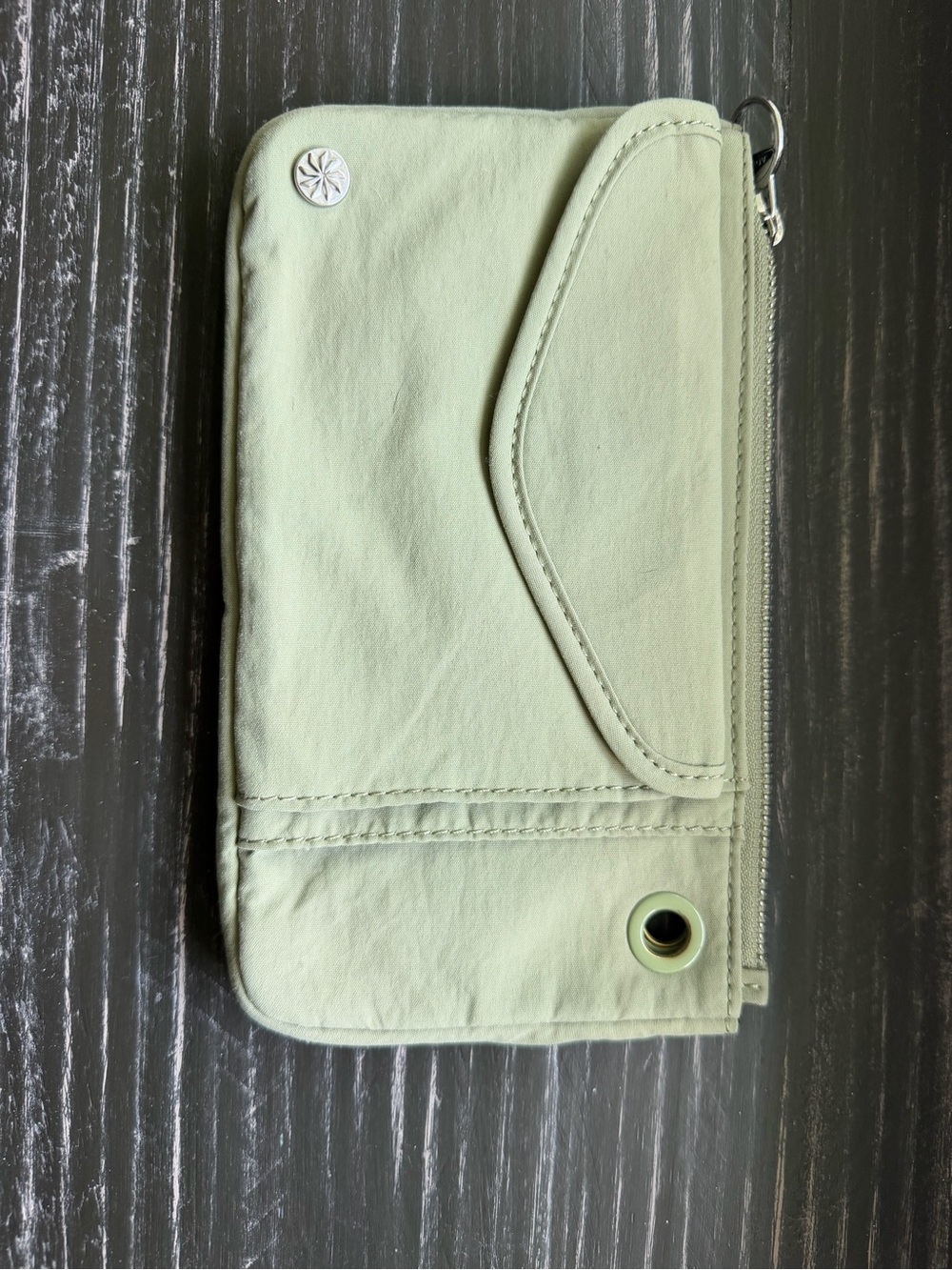 Athleta “coffee run” soft sage green wristlet clutch